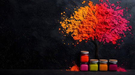 A striking tree crafted from vivid colors bursts against a dark backdrop, with jars of paint in vibrant hues. The atmosphere exudes creativity, emotion, and artistic expression.の素材