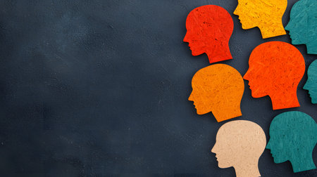 Colorful profiles of heads in orange, green, and beige stand out against a dark textured backdrop, symbolizing empathy in teamwork and communication within a business context.の素材