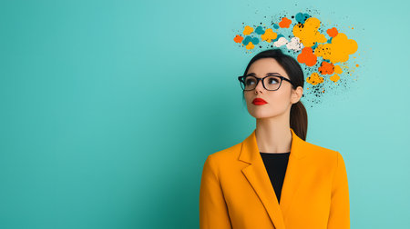 A professional woman in a vibrant yellow blazer looks upward, with colorful shapes representing thoughts above, creating an imaginative and positive atmosphere. Background is solid.の素材