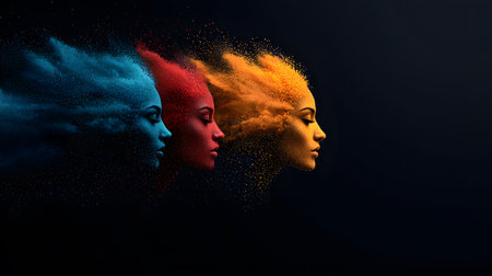 Three ethereal faces emerge from vibrant colors of blue, red, and orange, their features subtle and calm. Background is solid black, enhancing the dynamic, flowing atmosphere.の素材