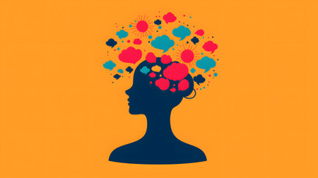 The image features a silhouette of a womanâs head, surrounded by vibrant symbols of empathy and creativity. The background is a solid orange, enhancing the impression of thoughtfulness.の素材