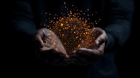 Close up of businessman hands holding glowing light bulb. Mixed media.の素材