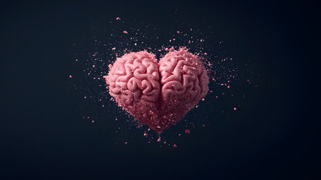 This striking image features a brain molded in the shape of a heart, exploding pink particles around it. The background is dark and solid, enhancing the visual impact of the piece.の素材