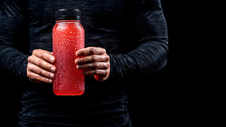 A fit athlete displaying a condensation-covered sports drink, showcasing intense allure and vivid hydration against a dark background. The atmosphere reflects cool refreshment.の素材