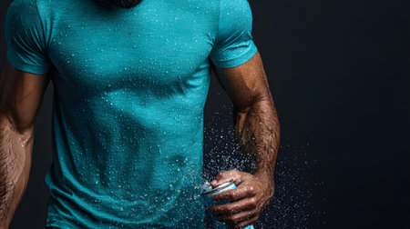 A fit athlete with muscular arms grips an icy energy drink can, droplets flying in a dramatic scene. The solid black background enhances the focus on his physique and movement.の素材