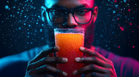 A focused athlete holds a chilled sports drink, with condensation glistening, surrounded by dynamic colors and sparkle. The background is blurry, enhancing the refreshing atmosphere.の素材