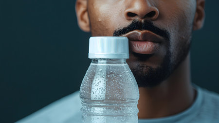 A focused male athlete drinks from a water bottle, his lips nearly touching the cap, evoking hydration. The backdrop is solid and dark, highlighting his dedication and effort in training.の素材