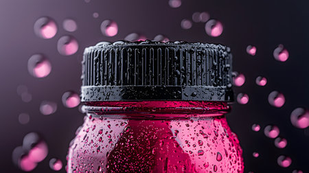 A close-up captures a vibrant sports drink bottle cap with neon liquid spilling out, surrounded by droplets. The background is dark, enhancing the vivid hues and atmosphere of refreshment.の素材