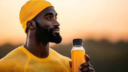 A cyclist in a bright yellow outfit holds a sports drink while enjoying a captivating sunset. The background is softly blurred, enhancing the peaceful atmosphere of the moment.の素材