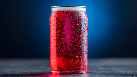 A close-up of a chilled red energy drink can, illuminated by a blue background, highlighting condensation. The vibrant hue and texture evoke refreshment and intensity in the atmosphere.の素材