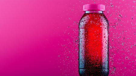 The image features a vibrant sports drink bottle with droplets, set against a bright pink background. Water splashes create a dynamic and refreshing feel, highlighting vibrancy and energy.の素材