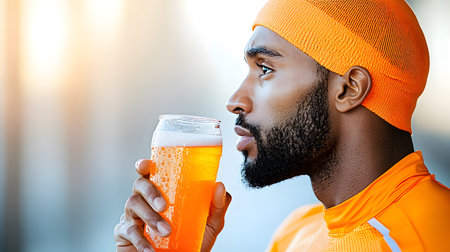A man in a vibrant orange outfit savors a cold beverage, droplets glistening. The background is subtly blurred, suggesting a serene fitness environment filled with focus.の素材