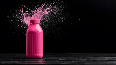 A dynamic pink sports drink bottle erupts, splashing vibrant liquid against a stark black background. The atmosphere is energetic and lively, evoking excitement and refreshment.の素材