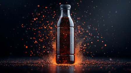 A sleek sports drink bottle radiates energy, engulfed by sparkling orange and white particles, on a dark background. The atmosphere feels dynamic and invigorating.の素材