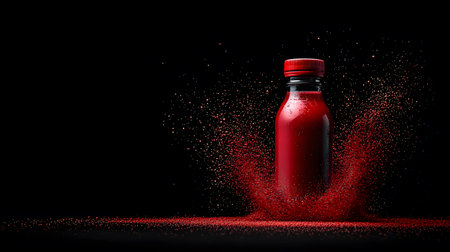 A vibrant red sports drink bottle is enveloped in a glowing explosion of particles against a dark backdrop, creating a dynamic, energetic atmosphere. The bottle appears enchanting.の素材