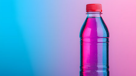 A clear sports drink bottle showcases vibrant pink and blue liquid within, set against a gradient background. The atmosphere feels refreshing, ideal for hydration after sports activities.の素材