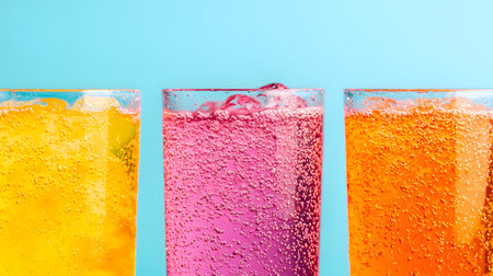 This image showcases three vibrant drinks in clear glasses, each bursting with bubbles, set against a light blue background, creating a lively and refreshing atmosphere.の素材