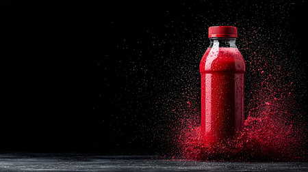 A vivid red sports drink bottle stands against a black background, surrounded by splashes of red liquid, conveying energy. The atmosphere feels vibrant and refreshing, capturing attention.の素材