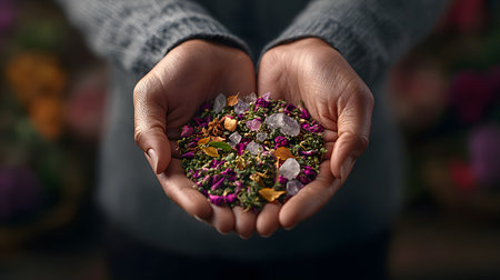 A close-up of hands gently holding a vibrant mix of healing crystals and colorful herbs. The background is blurred, creating a peaceful atmosphere filled with natural beauty.の素材