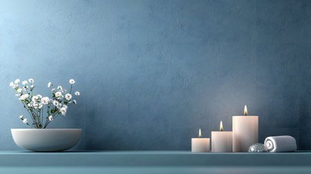 A soothing arrangement featuring white flowers in a bowl, four lit candles, a rolled towel, and a crystal ornament against a textured blue background, evoking tranquility.の素材