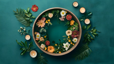 This captivating image shows a circular wooden tray filled with vibrant flowers, surrounded by candles, creating a serene, calming atmosphere perfect for relaxation and meditation.の素材