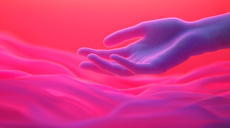 A minimalist hand extends gracefully, conveying soft, radiant energy amid flowing waves of pink hues. The setting evokes tranquility, connection, and healing vibes in the atmosphere.の素材