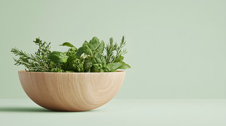 A light green background highlights a wooden bowl brimming with vibrant herbs and plants, creating a refreshing and tranquil atmosphere with an emphasis on natural beauty.の素材
