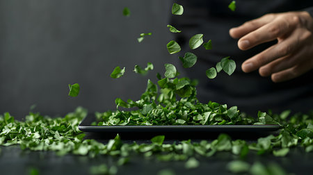 In a dramatic moment, vibrant green leaves are tossed into the air from a tray, creating a lively, organic atmosphere. The subtle background enhances the dynamic action of the leaves.の素材