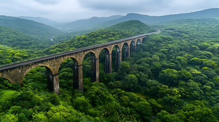 A grand stone viaduct arches over dense, lush greenery, surrounded by mountains. Emphasis on natureâs vibrancy and tranquillity enhances the sceneâs atmospheric depth and serenity.の素材