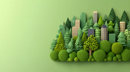 This digital illustration showcases a vibrant city enveloped by lush greenery representing eco-friendliness. The background is solid, enhancing the sustainable theme with harmony.の素材