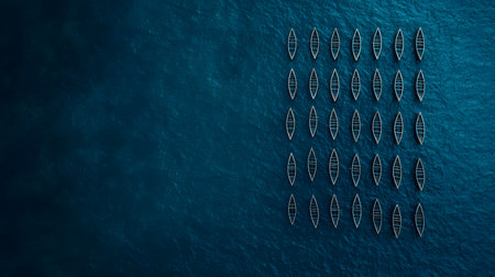 The image shows a group of rowboats symmetrically arranged on the deep blue ocean surface, highlighting tranquility. The water appears solid without translucency, conveying calmness.の素材