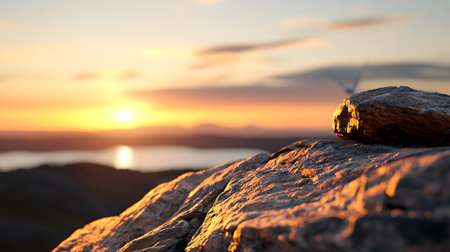 A tranquil dawn scene featuring illuminated rocks at the forefront, casting golden hues against a serene coastal background, evoking feelings of peace and beauty.の素材
