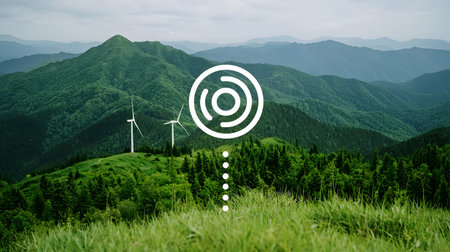 A scenic view showcases wind turbines amidst rolling green hills, combining technology and nature. The atmosphere is serene, evoking a sense of harmony and sustainability in the environment.の素材