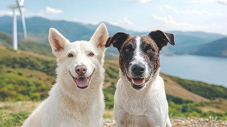A white dog and a black-brown dog smile joyfully against a picturesque backdrop with wind turbines. The atmosphere is cheerful, celebrating nature. The background is partially blurred.の素材