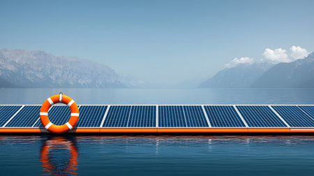 The image features floating solar panels on calm lake waters, with mountains in the background, creating a tranquil atmosphere. A bright lifebuoy adds a pop of color, enhancing eco-friendliness.の素材