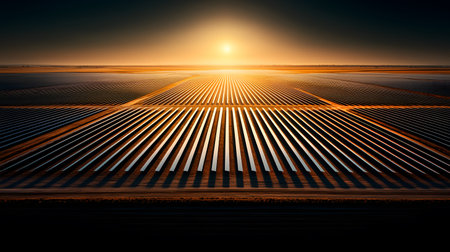 A vast solar farm captures sunlight at dawn, showcasing rows of reflective panels. The sun casts golden light, enhancing the tranquil atmosphere. No visible people appear in this serene landscape.の素材