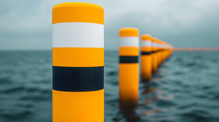 Vivid orange and striped markers stand in the ocean, guiding tidal energy setups. The backdrop shows rippling water under a cloudy sky, creating a serene, innovative atmosphere.の素材