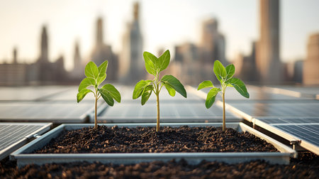 A rooftop solar garden features three vibrant plants emerging from rich soil against a blurred cityscape. The atmosphere is serene with sunlit greens, representing urban sustainability.の素材