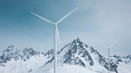 This image displays towering wind turbines juxtaposed against snow-covered peaks, conveying tranquility. The solid background showcases clear sky and rugged mountains with stunning detail.の素材
