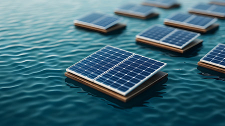 The image features floating solar panels atop a tranquil lake, showcasing eco-friendly technology. The water ripples gently, enhancing the serene atmosphere of sustainability.の素材
