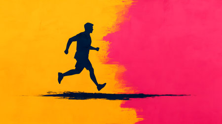 A striking silhouette of a runner in motion against an abstract background of orange and pink hues. The runner appears focused and determined amidst a vivid atmosphere.の素材