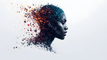 A stunning silhouette of a side profile dissolving into colorful splatters and patterns against a light background, representing creativity, identity, and transformation.の素材