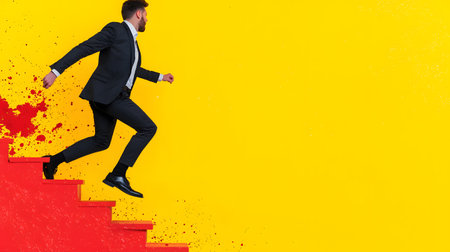 A man in a suit rushes up red steps against a bright yellow background with abstract red paint splashes. His determined expression conveys ambition, energy, and a drive for success.の素材