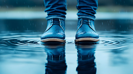 The image features stylish, rain-soaked boots standing in a puddle, reflecting water ripples and raindrops. The background appears solid with a serene, muted atmosphere.の素材