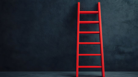 A vivid red ladder stands upright against a textured dark wall, symbolizing ambition and upward movement. The atmosphere evokes determination. The background appears solid.の素材