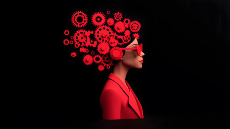 The image features a stylized human silhouette adorned with vibrant red gears as 'hair.' It displays a reflective pose, deep in thought, against a solid black backdrop.の素材