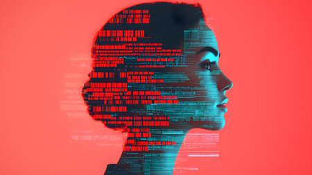 A woman's profile is illuminated against a vivid red background, surrounded by abstract digital symbols. The atmosphere blends intrigue with a hint of futuristic innovation.の素材
