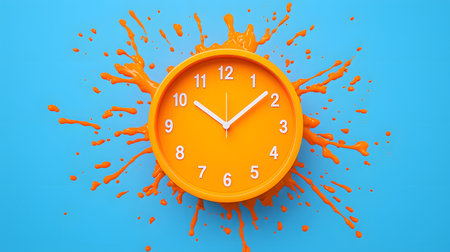 An orange clock with prominent numbers melts amidst splashes of orange paint, set against a bright blue background, creating a bold and whimsical atmosphere that captivates viewers.の素材