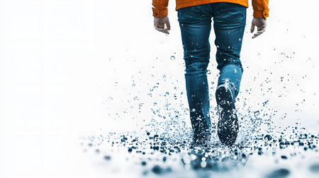A person in an orange jacket walks through water, splashing droplets against smooth pebbles. The background is bright, emphasizing the water's movement and the serene atmosphere.の素材