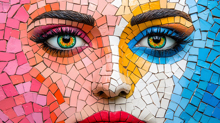 This vibrant mosaic artwork showcases a face, with prominent eyes and diverse color patterns. The background is solid, enhancing the expressive features and intricate details.の素材